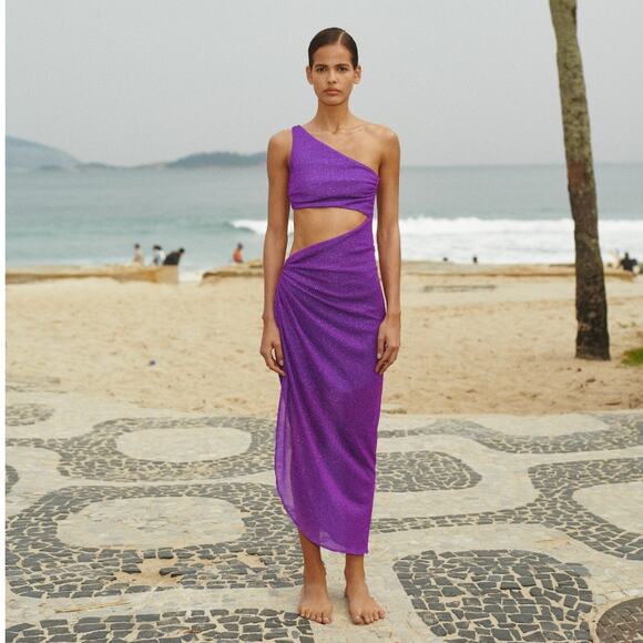 Baobab Zadeh Dress Purple Glitter One Shoulder Side Cutout Asymmetrical Sz S